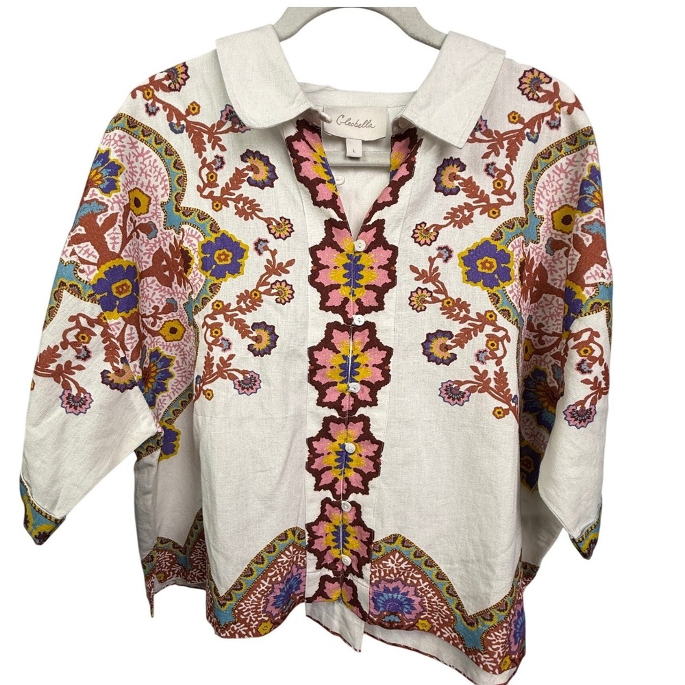 Cleobella Floral Paisley Cotton Linen Button Down Shirt White Multi Color Size L